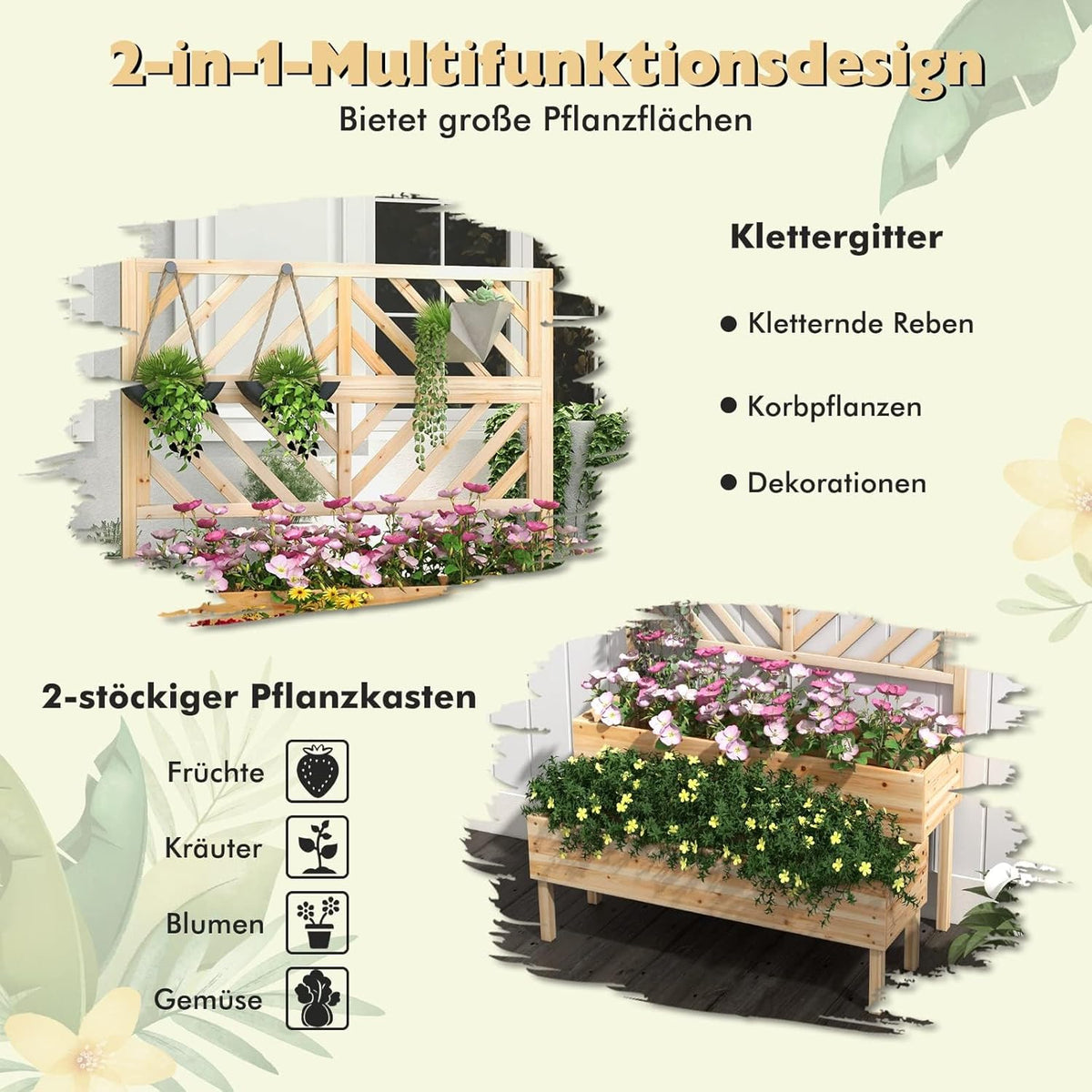 FANTASK Bloembak met latwerk van dennenhout, tuinspalier met 2 rankkasten, plantenbak voor klimplanten, verhoogd bloembed met rankrooster en drainagegat (natuur)