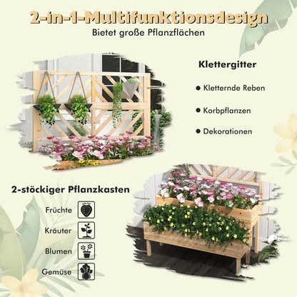 FANTASK Bloembak met latwerk van dennenhout, tuinspalier met 2 rankkasten, plantenbak voor klimplanten, verhoogd bloembed met rankrooster en drainagegat (natuur)