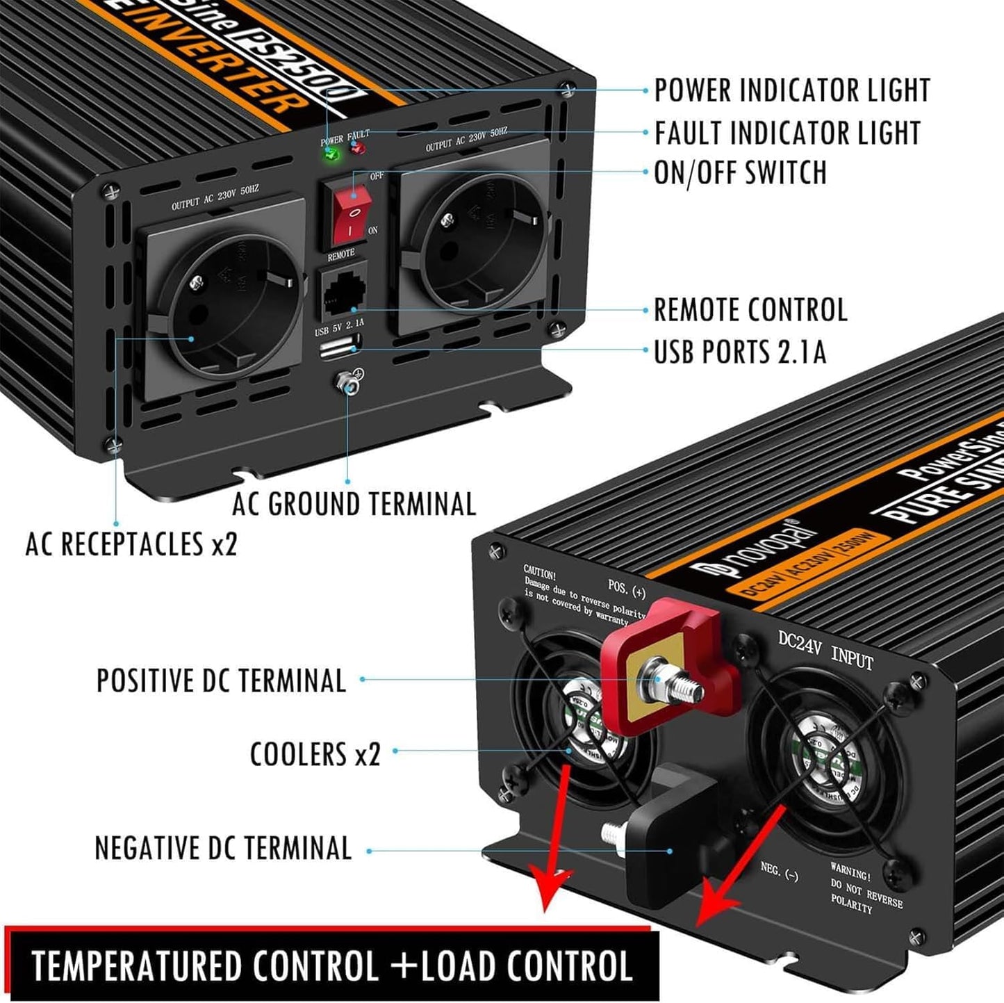 NOVOPAL 2500 W omvormer, zuivere sinus, DC 24 V naar AC 220 V/230 V, omvormer met lcd-display en afstandsbediening, piekvermogen 5000 W, spanningstransformator