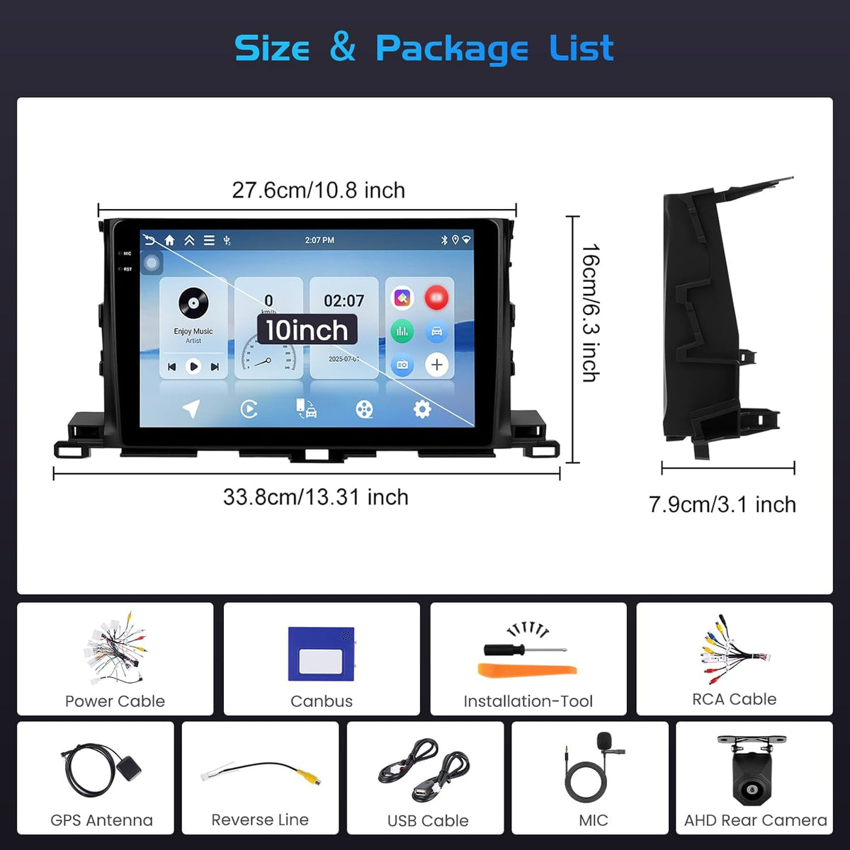 4+128G autoradio voor Toyota Highlander 2015-2018, Android 15 met 10 inch In-Cell scherm, ondersteunt draadloze CarPlay en Android Auto, Mirror Link, FM/RDS-radio, GPS, wifi, Bluetooth en SWC.
