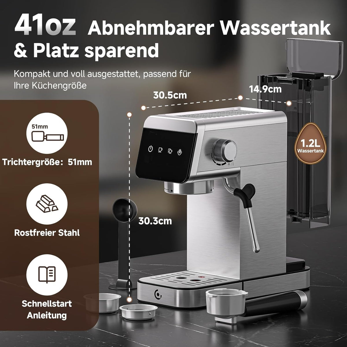 AMZCHEF Espressomachine 20 bar met 2-in-1 Home LED-display met afneembare tank van 1,2 l voor compacte huishoudelijke geschenken, van roestvrij staal, 1350 W