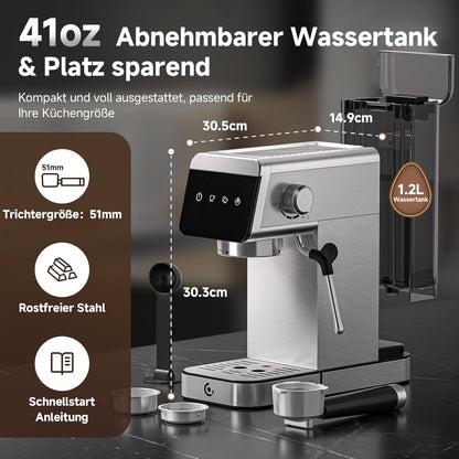 AMZCHEF Espressomachine 20 bar met 2-in-1 Home LED-display met afneembare tank van 1,2 l voor compacte huishoudelijke geschenken, van roestvrij staal, 1350 W