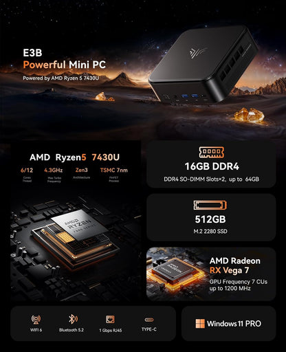 NiPoGi AM02 AMD Ryzen 7 5700U 16GB DDR4 512GB SSD Mini Desktop Computer mit Radeon RX Vega 10 Graphics, Mini Gaming PC Support DP+HDMI 4K, RJ45-LAN,Dual-WLAN Micro Business PC