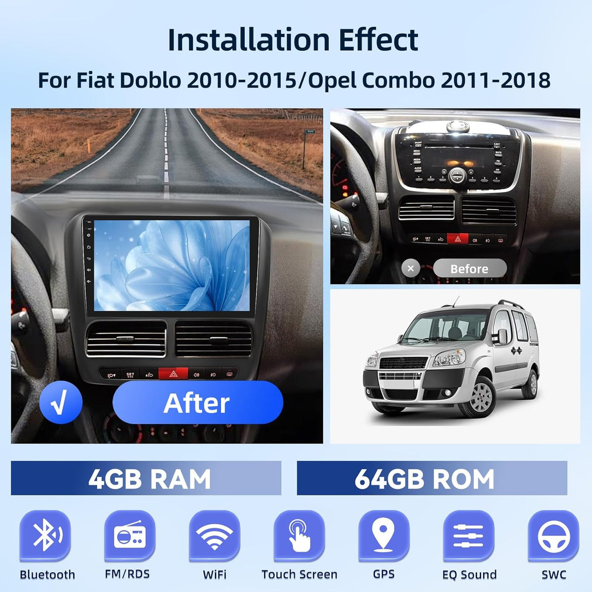 [4G+64G] Android Car Radio for Fiat Doblo 2010-2015/Opel Combo 2011-2018 with Wireless Carplay & Android Auto, 9 inch IPS Touch Screen Car Stereo with GPS, WiFi, 32EQ, Bluetooth 5.0, FM/RDS Radio