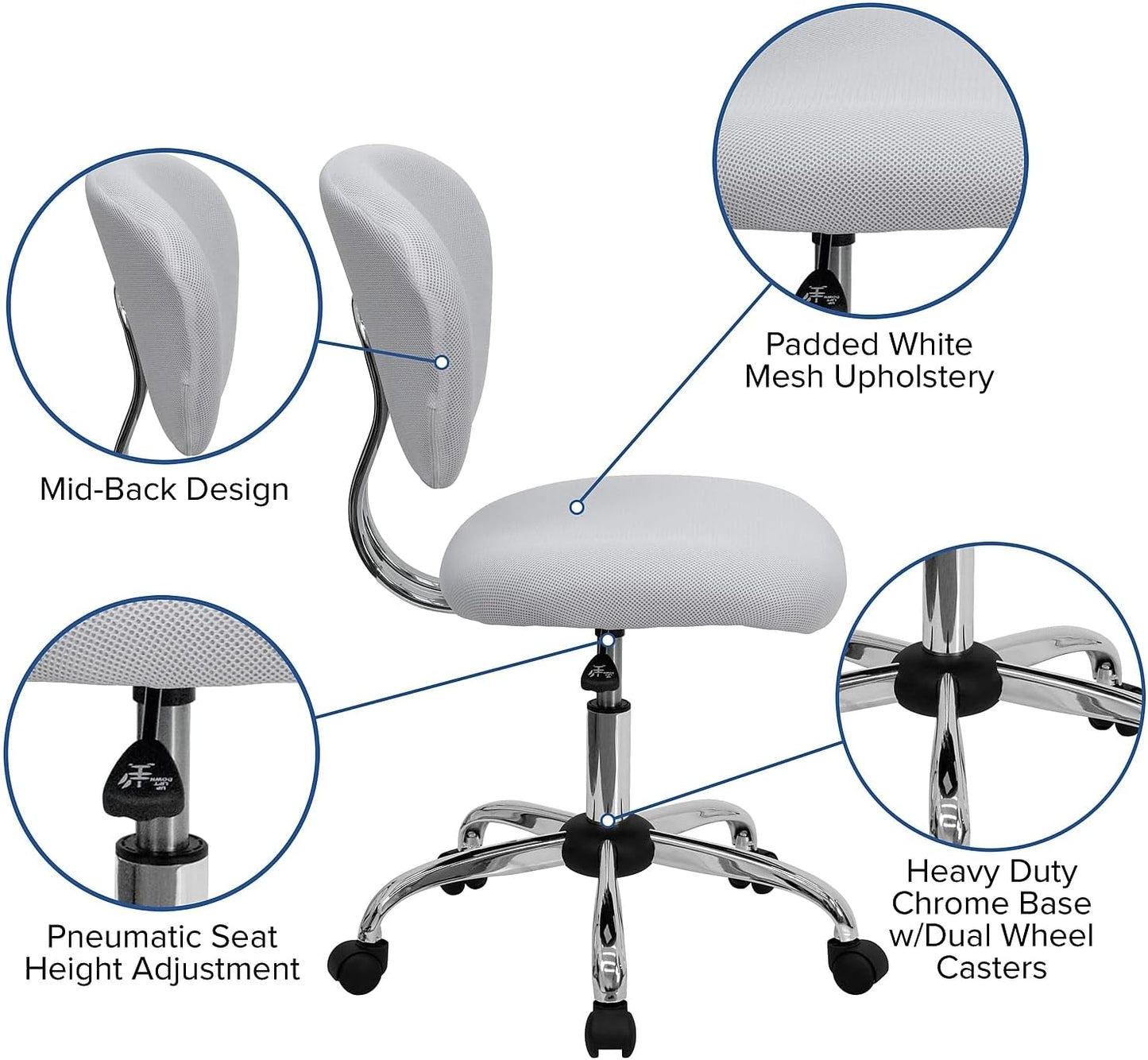 Bureaustoel – Bureaustoel Met Wieltjes – Bureaustoel Draaibaar – Thuiswerkstoel – Office Chair Wit – Mid-rugleuning Van Ademend Mesh – Verstelbare Zithoogte Pneumatisch