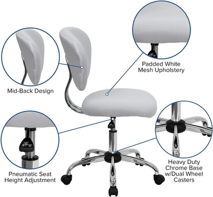 Bureaustoel – Bureaustoel Met Wieltjes – Bureaustoel Draaibaar – Thuiswerkstoel – Office Chair Wit – Mid-rugleuning Van Ademend Mesh – Verstelbare Zithoogte Pneumatisch