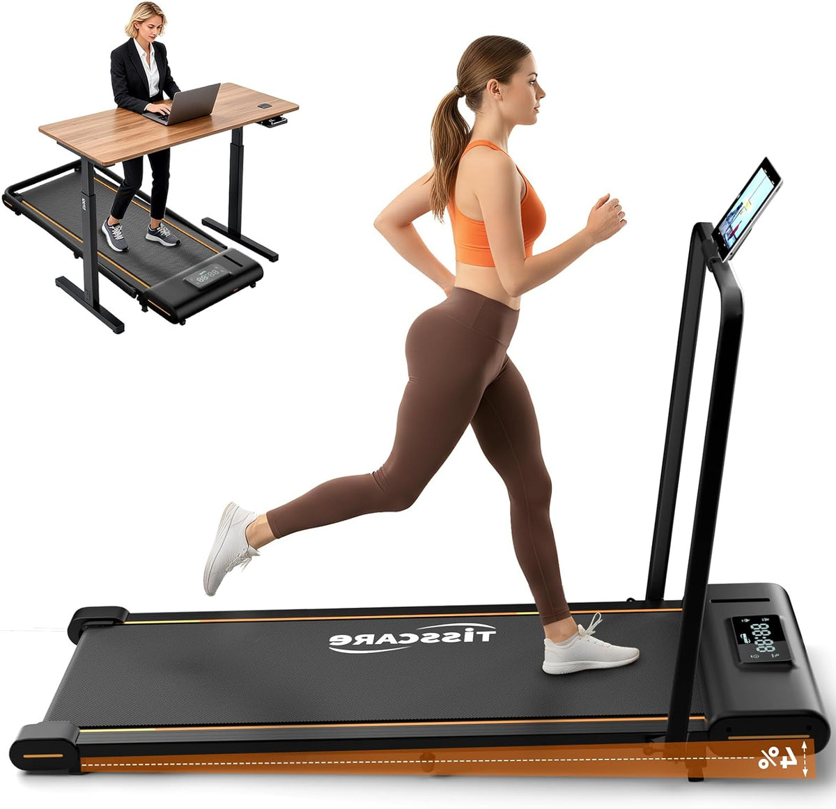 TISSCARE Treadmill for home and office, quiet walking path with improved tread 141.5 cm and 55.5 cm, 4% inclination function, 1-6 km/h, LED display, 130 kg load capacity, foldable treadmill with - QUORE