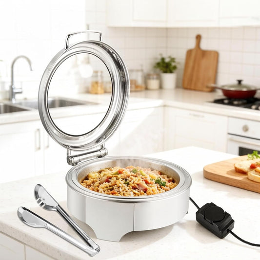 YUCHENGTECH Elektrische ronde buffetkachel, 6 l, platte boiler, roestvrij staal, professionele elektrische chafing schaal, met instelbare temperatuur en glazen deksel