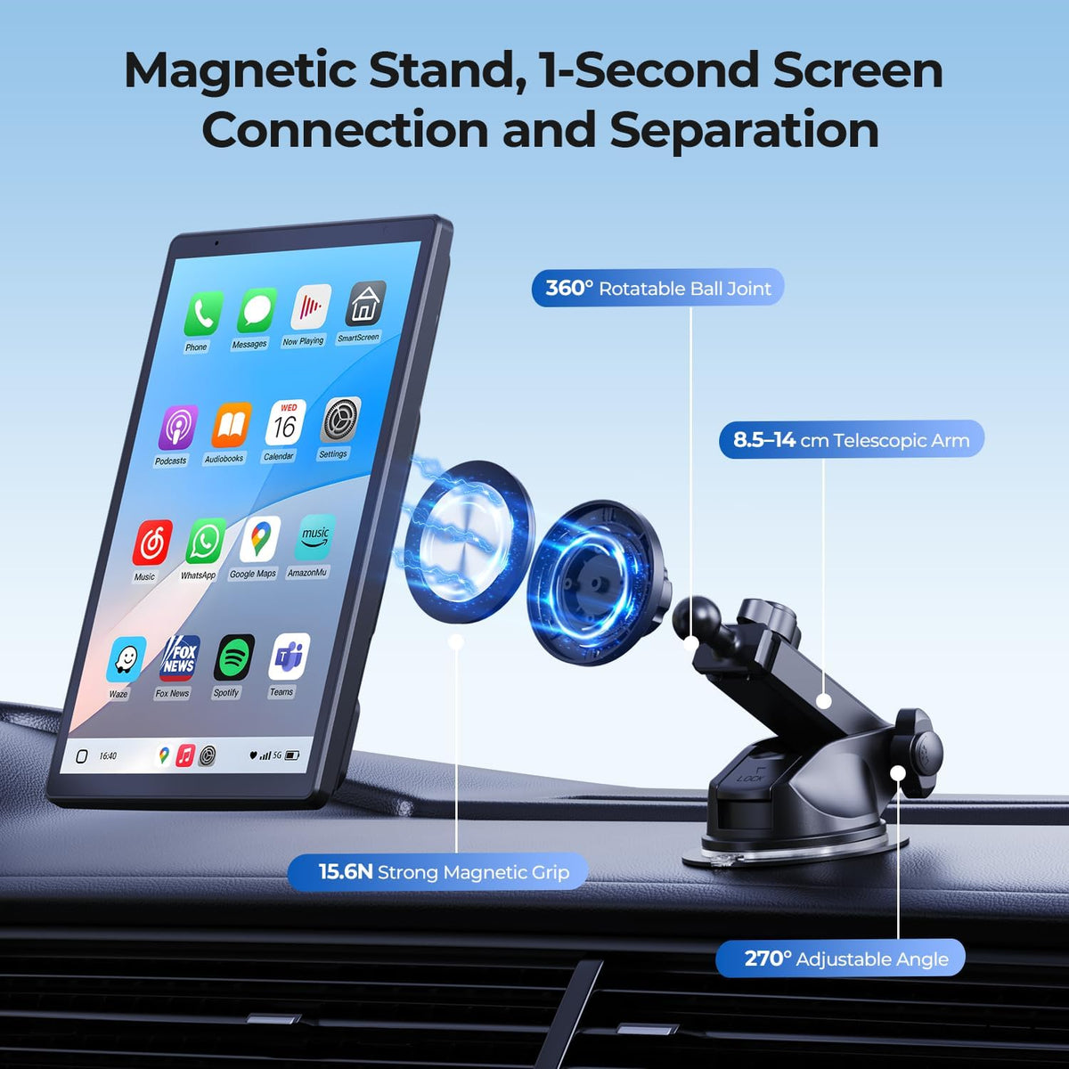 8'' Draagbaar autoscherm voor Apple CarPlay & Android Auto, 1440x900 HD-scherm, magnetische montage, OTA-updates, portret- en landschapsmodi, back-upcamera, Bluetooth, spraakbediening