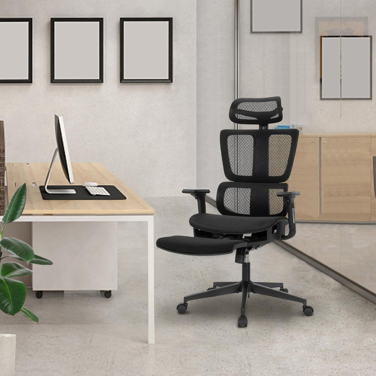 ALPHA HOME Ergonomische bureaustoel met voetensteun, verstelbare lendensteun en hoofdsteun, ademende computerstoel met 3D-armleuning, voor thuis, kantoor, werkkamer