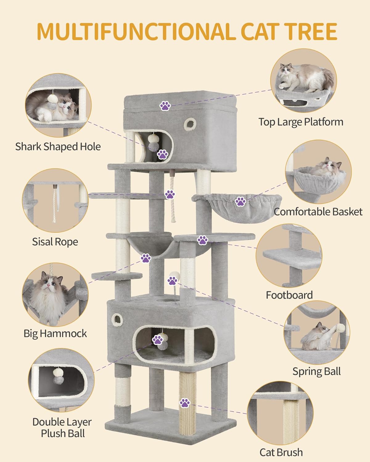 Hzuaneri Cat Scratching Post, 178cm Multilayer Cat Tree with Large Platform, 2 Caves, 7 Sisal Poles, Pompoms, Cat Basket, Hammock, Suitable for Cats of All Sizes, Light Grey MS17818LG - QUORE