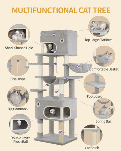 Hzuaneri Cat Scratching Post, 178cm Multilayer Cat Tree with Large Platform, 2 Caves, 7 Sisal Poles, Pompoms, Cat Basket, Hammock, Suitable for Cats of All Sizes, Light Grey MS17818LG - QUORE