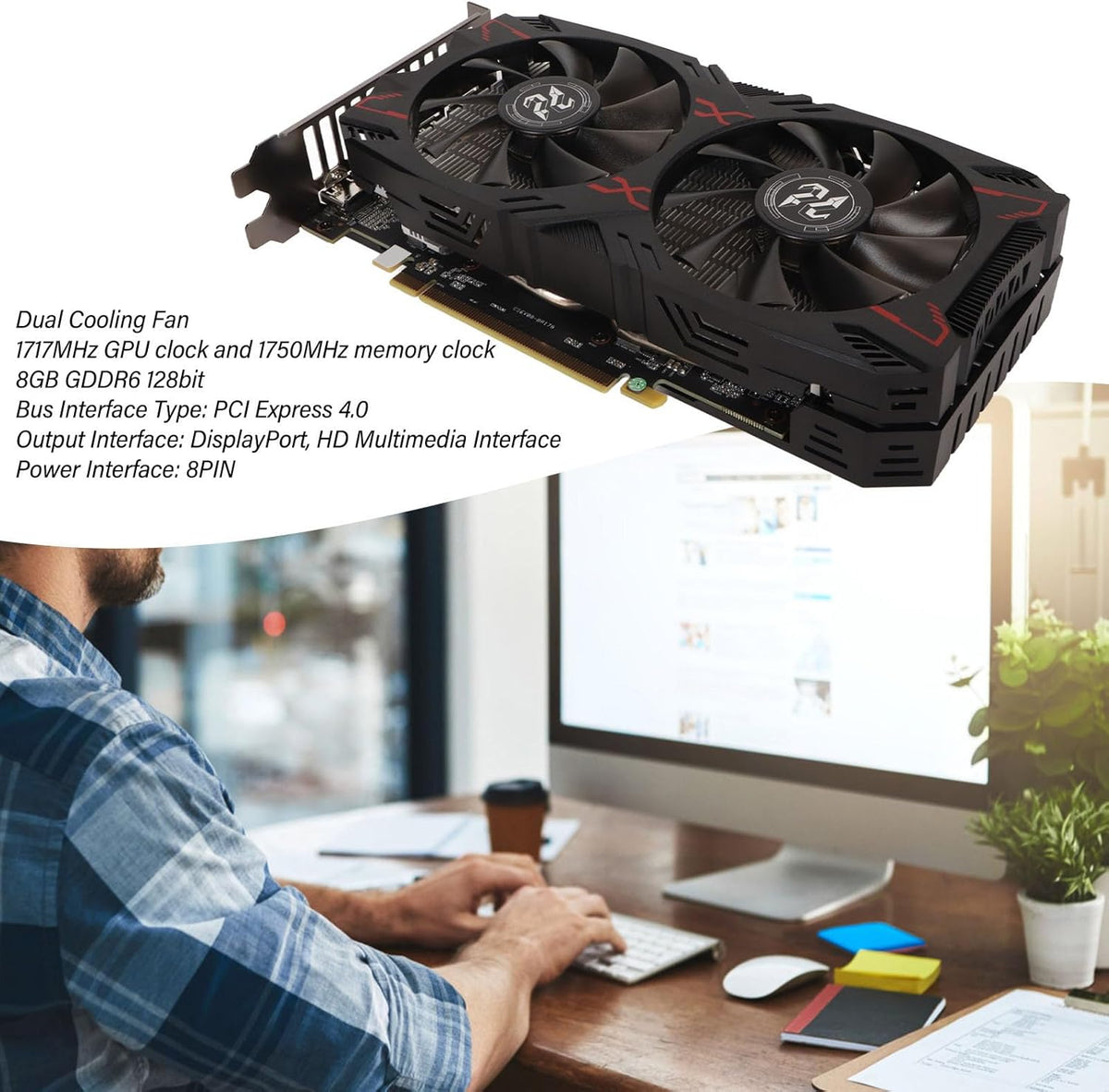 RX 5500 XT Grafische Kaart, 8GB GDDR6 128bit Gaming-videokaart, PCI Express 4.0x8, HDMI, DisplayPort X 3, 8PIN Voeding, Gaming-pc-computervideokaarten met Dubbele Ventilator