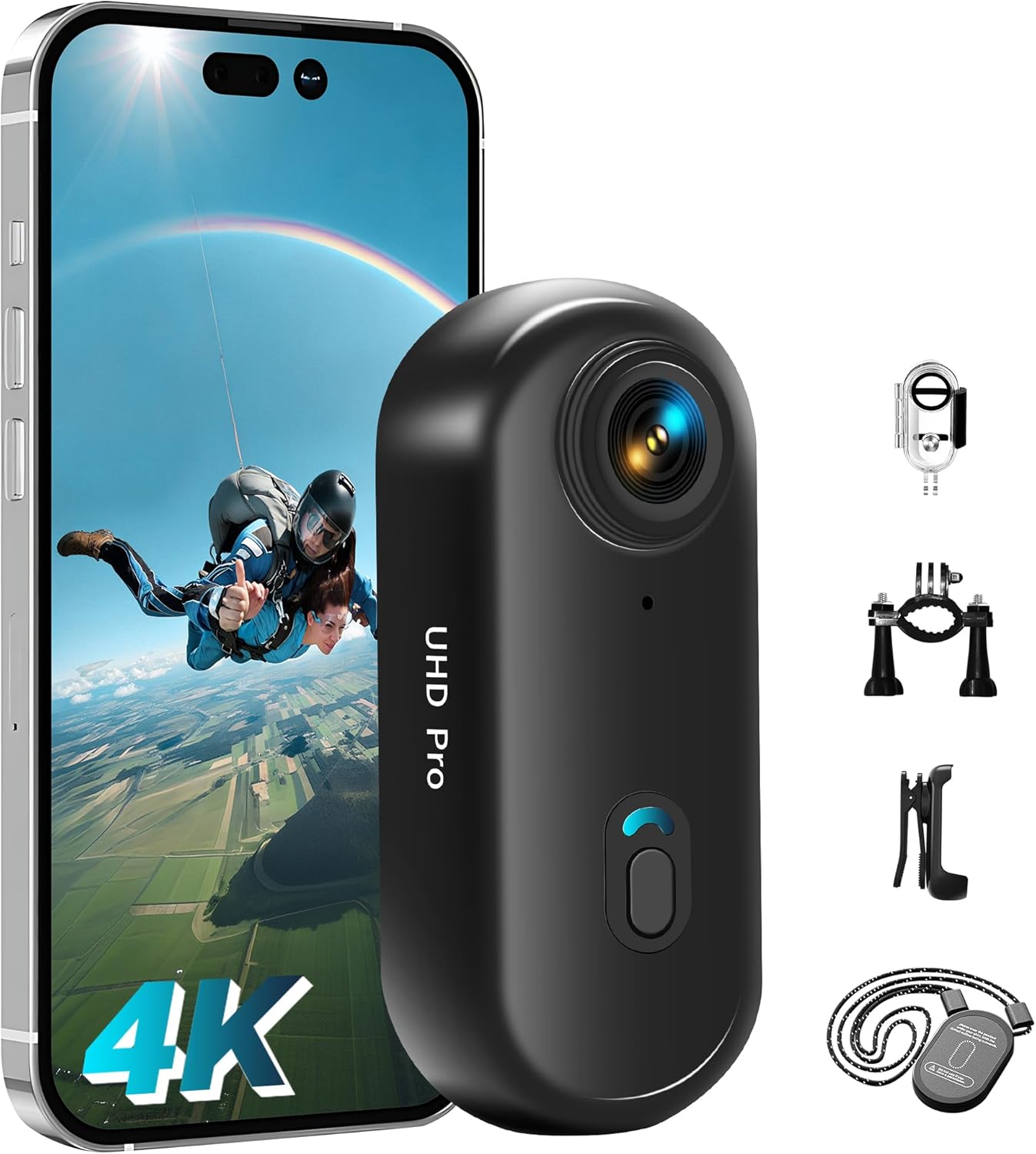 Actioncam 4K en 16 GB geheugenkaart Mini onderwatercamera Waterdicht tot 30 m, 360° helmcamera Fiets, handsfree POV's, bodycam Lichaamscamera, actiecamera, kleine camera