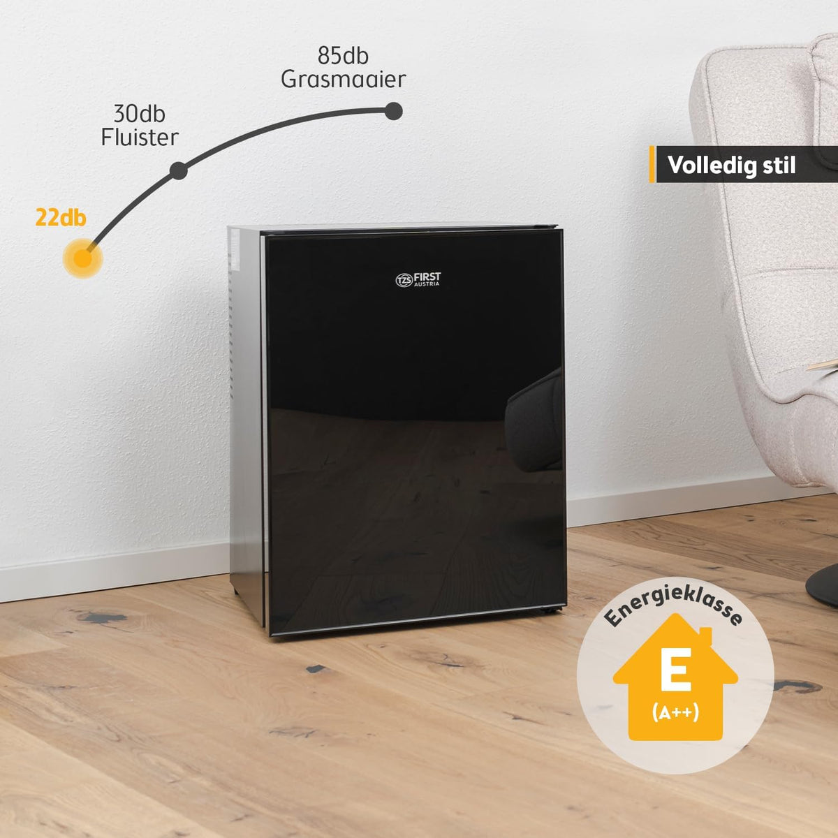 TZS First Austria - Mini koelkast 40L geruisloos - Kleine minikoelkast met verwisselbare deurscharnier & binnenverlichting - Minibar voor camping, kantoor, slaapkamer & hotel - Glazen voorkant