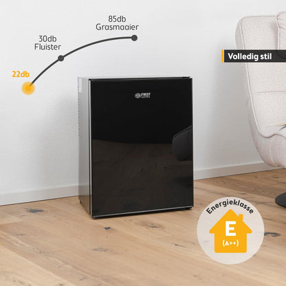 TZS First Austria - Mini koelkast 40L geruisloos - Kleine minikoelkast met verwisselbare deurscharnier & binnenverlichting - Minibar voor camping, kantoor, slaapkamer & hotel - Glazen voorkant