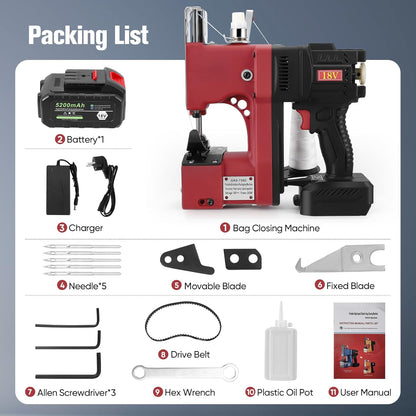 Elektrische Zak-Naaimachine Rood – Zaksluiter – Zaksluitmachine – Zaksluitapparaat – Industriële Naaimachine – Snelle En Stevige Sluiting – Voor Stoffen, Papieren En Zandzakken