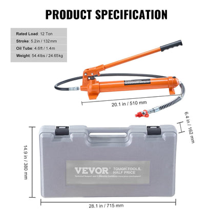 VEVOR Hydraulische cilinderbouwset, draagbare hydraulische krik, 12 t, met 1,4 m olieslang, reparatieset voor carrosserieframe, met opbergkoffer voor autoreparatie, vrachtwagen, boerderij, oranje