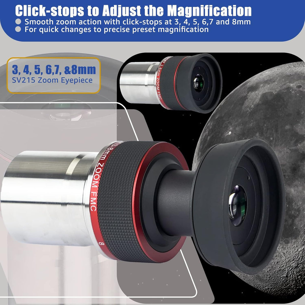 Svbony SV215 Planetaire Zoom Telescoop Oculair 3-8mm, 1.25inch Parfocale 56 Graden Constante AFOV, voor Korte Focus Telescoop OTA Hoge Vergroting Lunar Planetaire Observaties