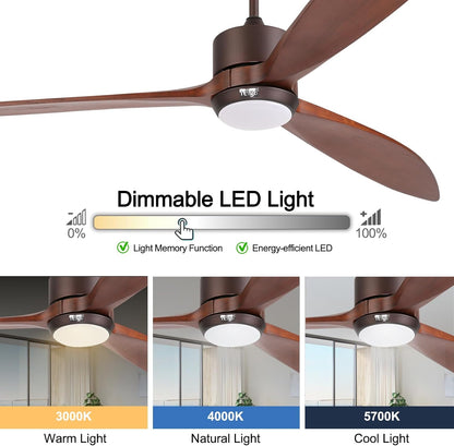 reiga 165 cm massief houten buitenplafondventilator met DC-motor, dimbare led-verlichtingsset, Alexa, Google Home, app en afstandsbediening, 6 versnellingen, IP44, bruine houten vleugel