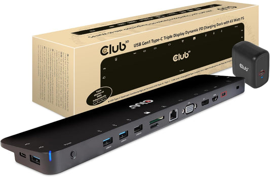 Club3D USB Gen1 Type-C Triple Display Dynamic PD Charging Dock met 65 watt oplader