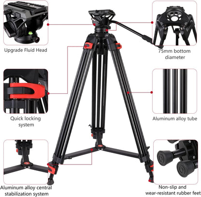 COMAN Camerastatief, 188 cm, robuust statief voor professionele videocamera's, draagtas, 8 kg, inclusief snelwisselplaat, fotostatief, statief