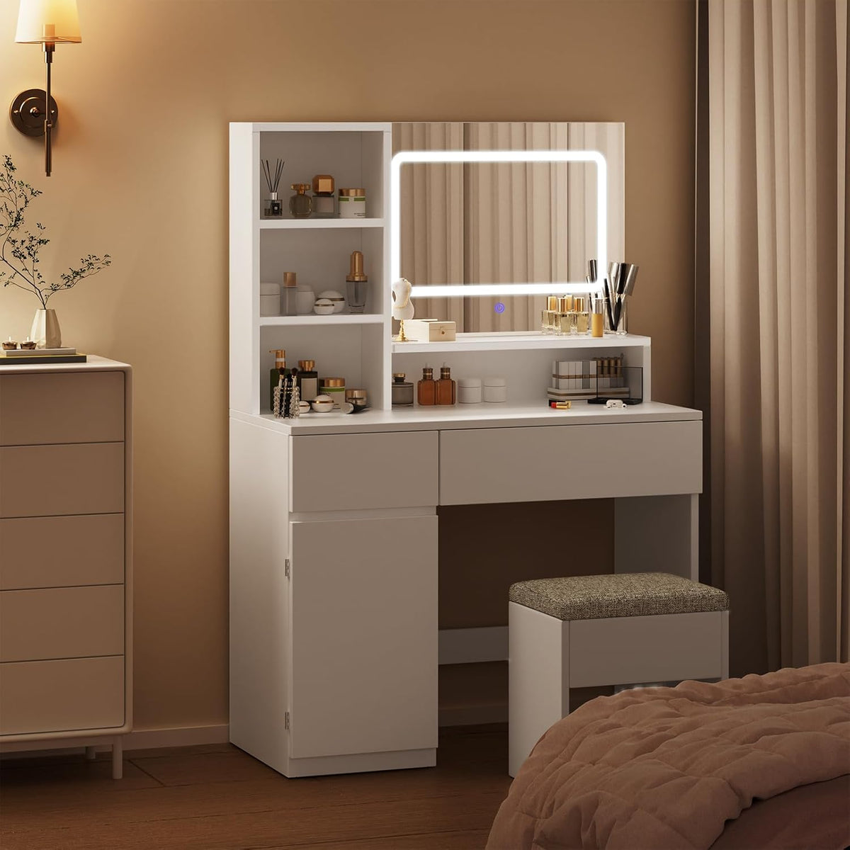 Devoko Makeup Table with Mirror, Adjustable LED Lights, Adjustable Shelves with 2 Drawers, Dressing Table, Modern White Wood Dressing Table - QUORE