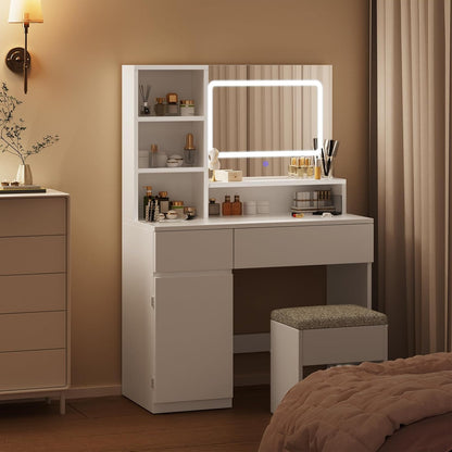 Devoko Makeup Table with Mirror, Adjustable LED Lights, Adjustable Shelves with 2 Drawers, Dressing Table, Modern White Wood Dressing Table - QUORE
