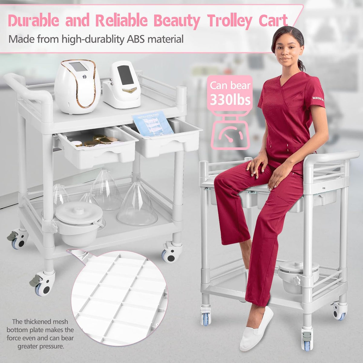 Schoonheidskar Met Wielen – Salonwagen – Werkwagen – Beauty Trolley – Kapperswagen – Voor Vacuümtherapiemachine – 2 Niveaus, 2 Grote Laden En Verwijderbare Emmer – ABS, 150 Kg Draagvermogen