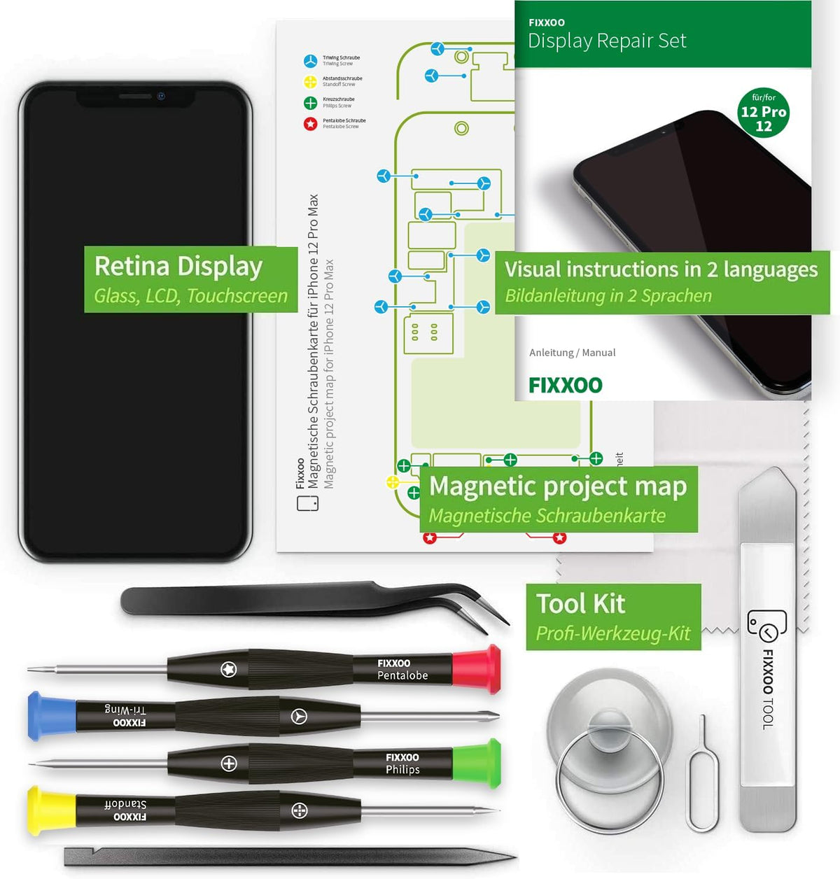 GIGA Fixxoo® geschikt voor iPhone 12 display origineel [incl. gereedschapset] - Retina LCD glas met touchscreen - originele iPhone Display Reparatieset - Vervanging display voor iPhone met