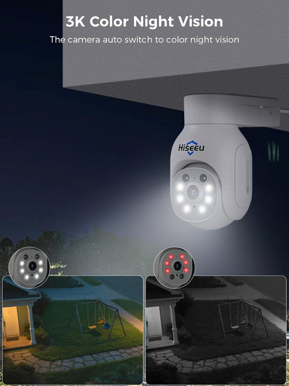 Hiseeu 【PTZ+10CH Monitor 3MP PTZ draadloos beveiligingscamerasysteem met 10 HD-monitor, 10CH 5MP NVR met 1 TB HDD, 4 STKS 360 ° PTZ-camera's Outdoor WiFi, Kleur Nachtzicht, 2-weg audio, APP & PC-afstandsbediening
