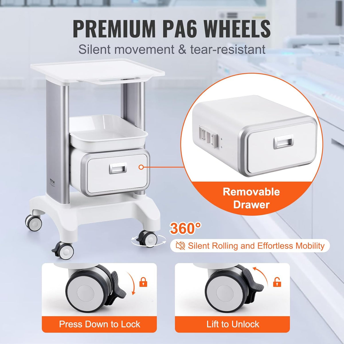 VEVOR Laboratoriumwagen met 2 niveaus, mobiele medische trolley met 1 lade en 1 bovenste plank, verzorgingswagen met ABS-materiaal, 4 stille wielen, voor laboratorium, kliniek, ziekenhuis, woonkamer,