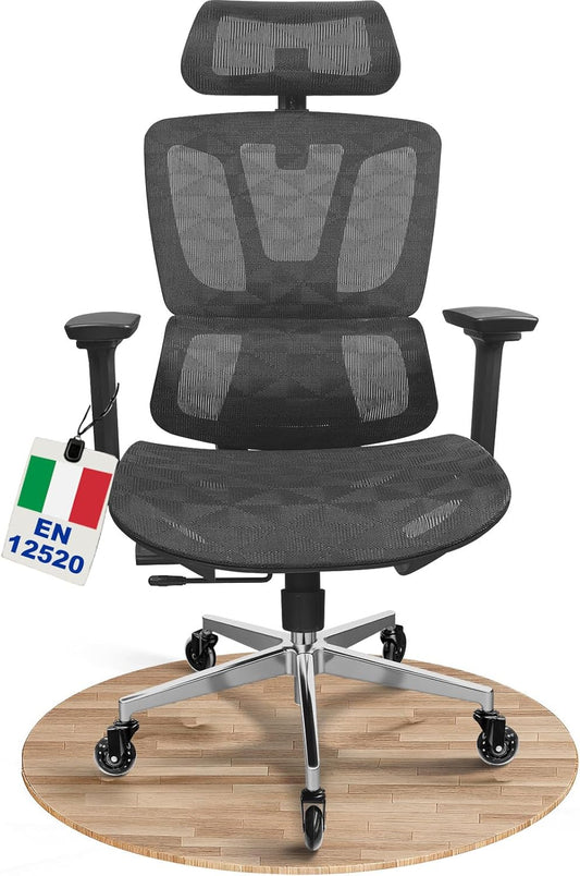 Bureaustoel, ergonomisch, 4D-armleuningen, verstelbare zitdiepte, 4-traps helling, rubberen wielen, mesh-zitting, hoge rug, grote mensen, thuiskantoor en gaming, ergonomische bureaustoel