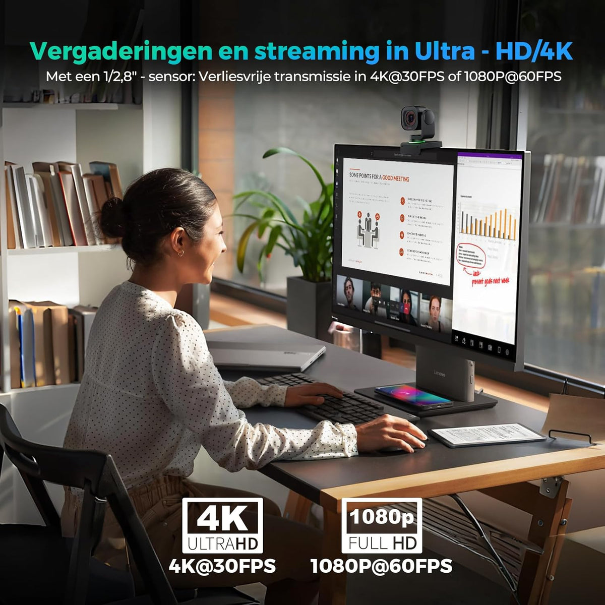Angetube 4K webcam met gebarenbesturing en AI-tracking - PTZ USB 3.0 webcam voor streaming met dubbele microfoons en ruisonderdrukking, TOF autofocus, 1080p 60FPS, HDR, voor pc, laptop en Mac