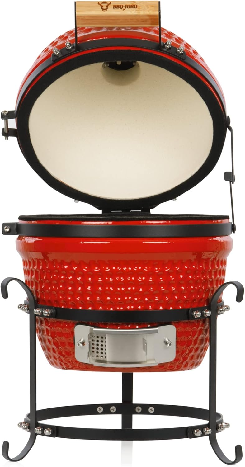 bbq-Toro Kamado Hairo Red Charcoal Barbecue 32 cm Diameter Mini Grill with Thermometer and Wooden Handles Round Ceramic Grill Ceramic Grill Smoker - QUORE