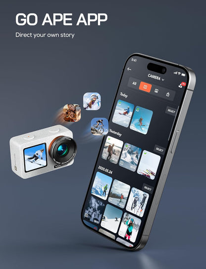 WOLFANG Seeker One White Waterdichte Actiecamera met 4K60fps Ultra HD-video, Dual Screen Kleurendisplay, 16 Voet Onder Water Camera, Live Streaming, Webcam, Stabilisatie met GO APE