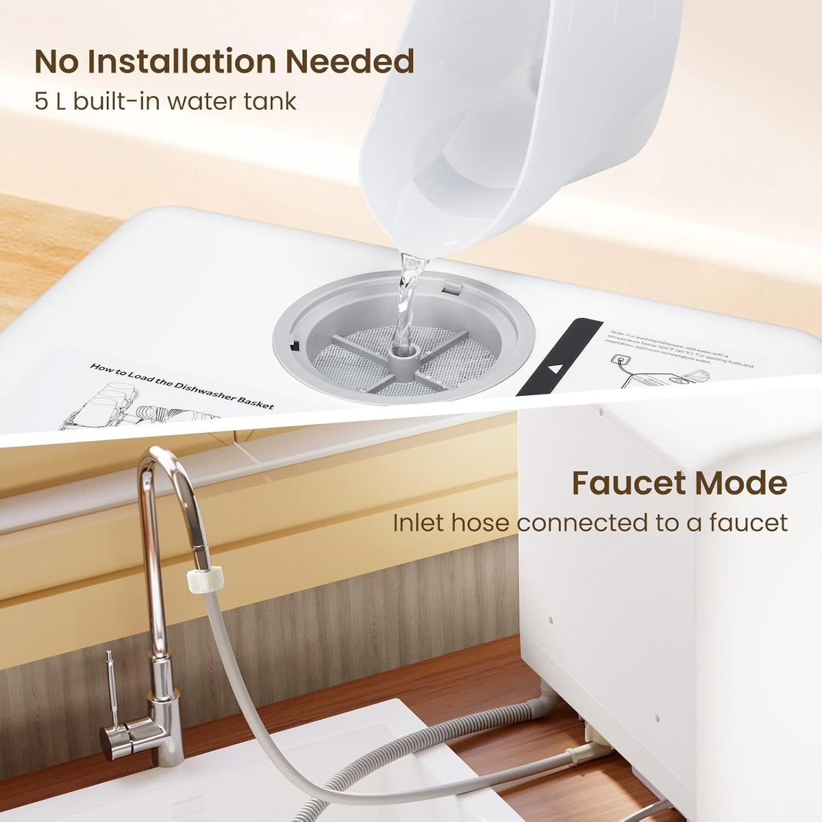 HAVA Tabletop dishwasher, mini dishwasher with 6 programs and built-in 5 litre water tank, no connection required, baby supplies and air drying function for homes and motorhomes