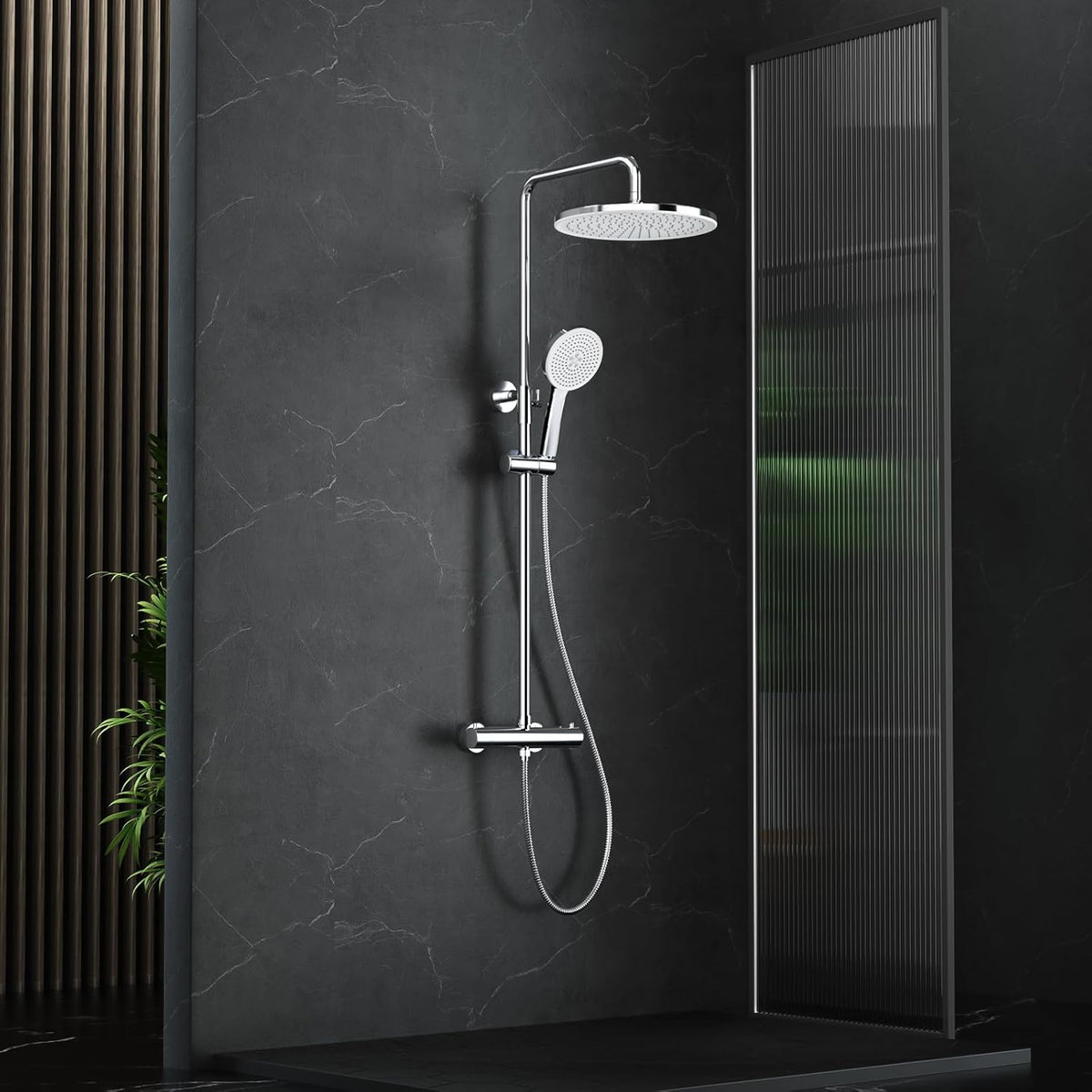 Rainsworth Douchesysteem met thermostaat, chroom, complete set met 30 cm, ronde regendouche, douchekop, 5 straalsoorten, douchekop, 92-126 cm in hoogte verstelbaar, regendouche met kraan, doucheset