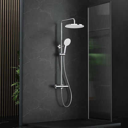 Rainsworth Douchesysteem met thermostaat, chroom, complete set met 30 cm, ronde regendouche, douchekop, 5 straalsoorten, douchekop, 92-126 cm in hoogte verstelbaar, regendouche met kraan, doucheset