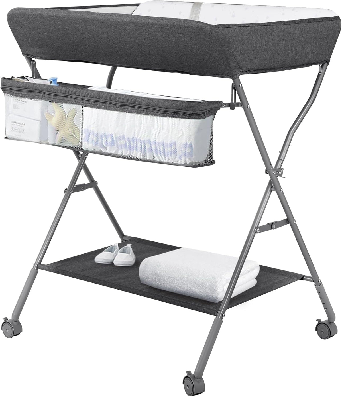 Maydolly Opvouwbare babycommode, mobiele commode met wielen en aankleedkussen, waterdichte en in hoogte verstelbare opbergvakken (donkergrijs