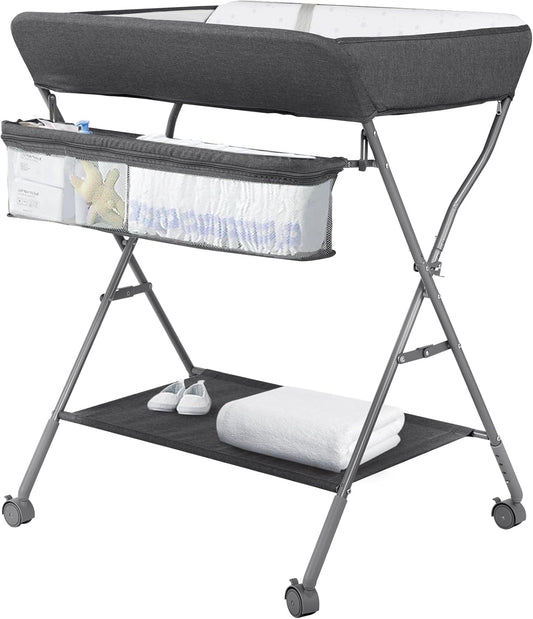 Maydolly Opvouwbare babycommode, mobiele commode met wielen en aankleedkussen, waterdichte en in hoogte verstelbare opbergvakken (donkergrijs