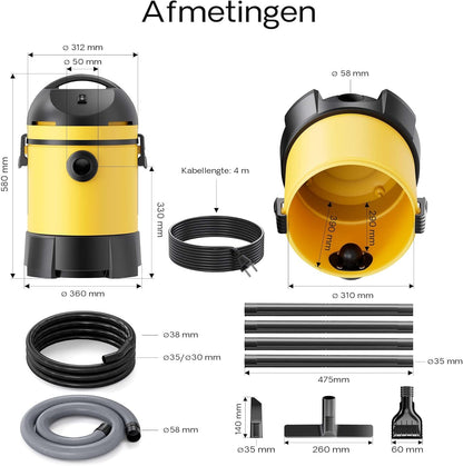 Wiltec vijverstofzuiger 1400 W motor nat droog stofzuiger voor vijver en zwembad 30 liter capaciteit bodemzuiger automatisch leegmaaksysteem