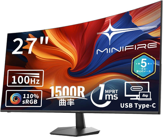 Minifire 27 Inch 100Hz Curved Monitor, USB Type-C Port, Built-in Speaker, Business / Office Eye Care, FHD 1080P PC Screen, 100 x 100mm VESA, Flicker-Free, Low Blue Mode - QUORE