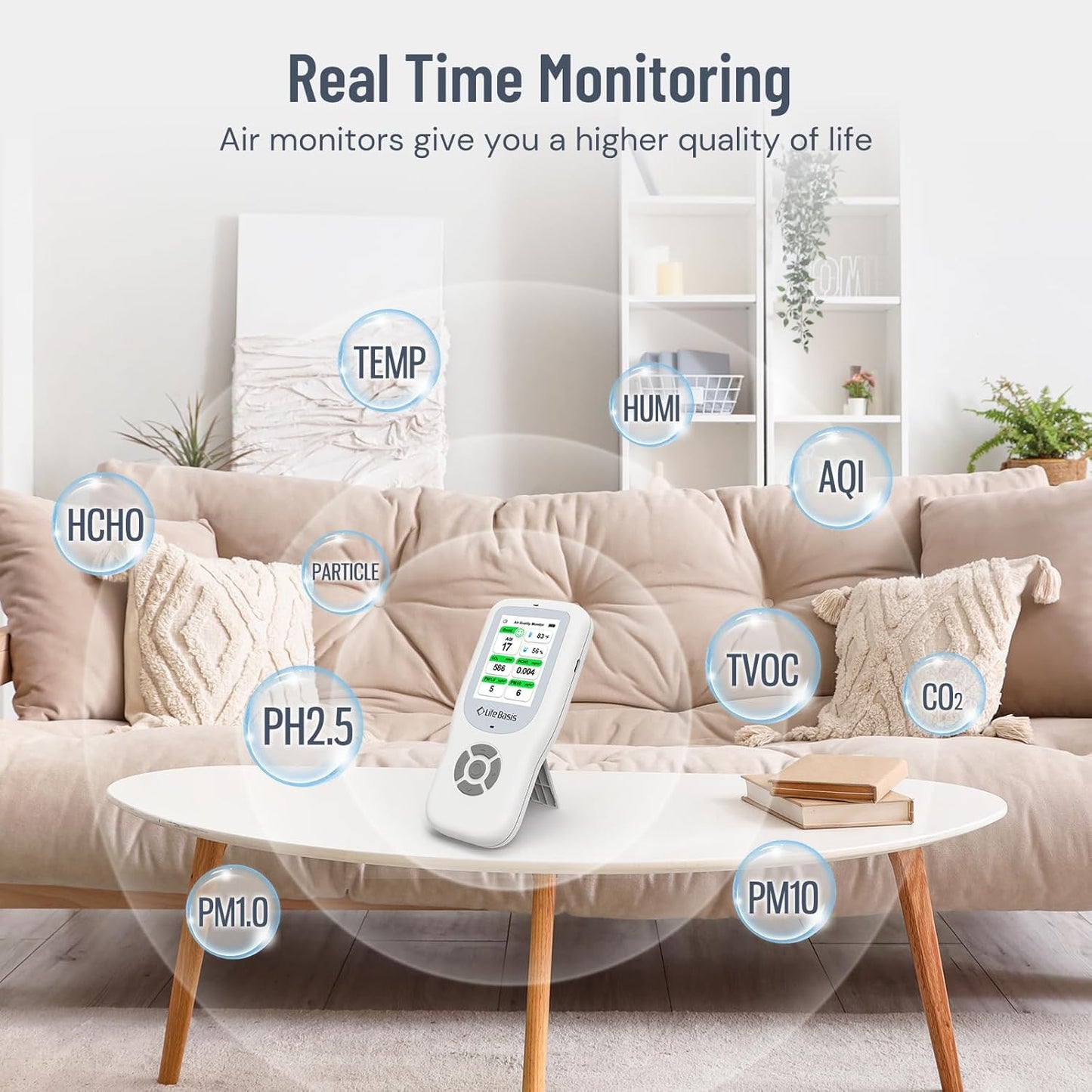 LifeBasis 10-in-1 luchtkwaliteitsdetector, formaldehyde-detector, AQI-vervuilingsmonitor met temperatuur en luchtvochtigheid voor het testen van PM2.5/PM10/HCHO/TVOC/CO2, USB-oplaadbaar, voor thuis en