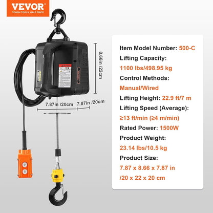 VEVOR 2-in-1 Electric Winch 500 kg Load Capacity Cable Lifter Lifter Speed ≥ 4m/min Motor Winch 7 m Lift Height Cable Lift 1500W Cable 2 Operating Modes Manual/Wired Remote Control