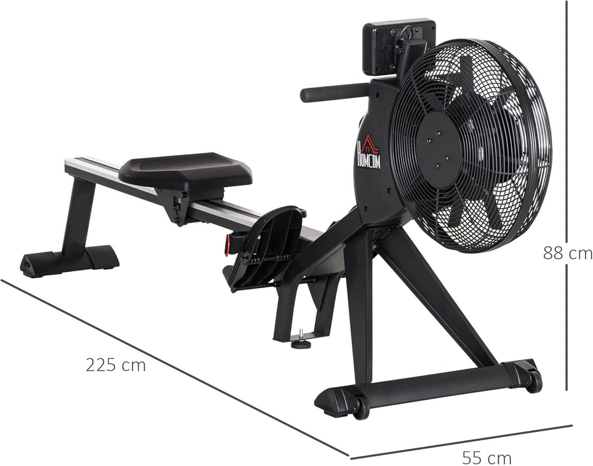 HOMCOM rowing machine, foldable rowing seat, rocking mass 2.5 kg with 16 resistance levels, load capacity up to 130 kg, black steel 225 x 55 x 88 cm - QUORE