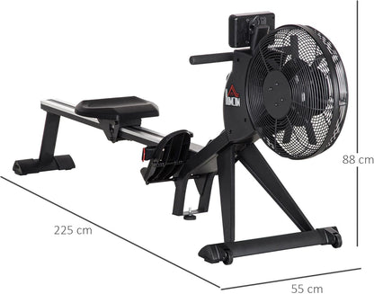 HOMCOM rowing machine, foldable rowing seat, rocking mass 2.5 kg with 16 resistance levels, load capacity up to 130 kg, black steel 225 x 55 x 88 cm - QUORE