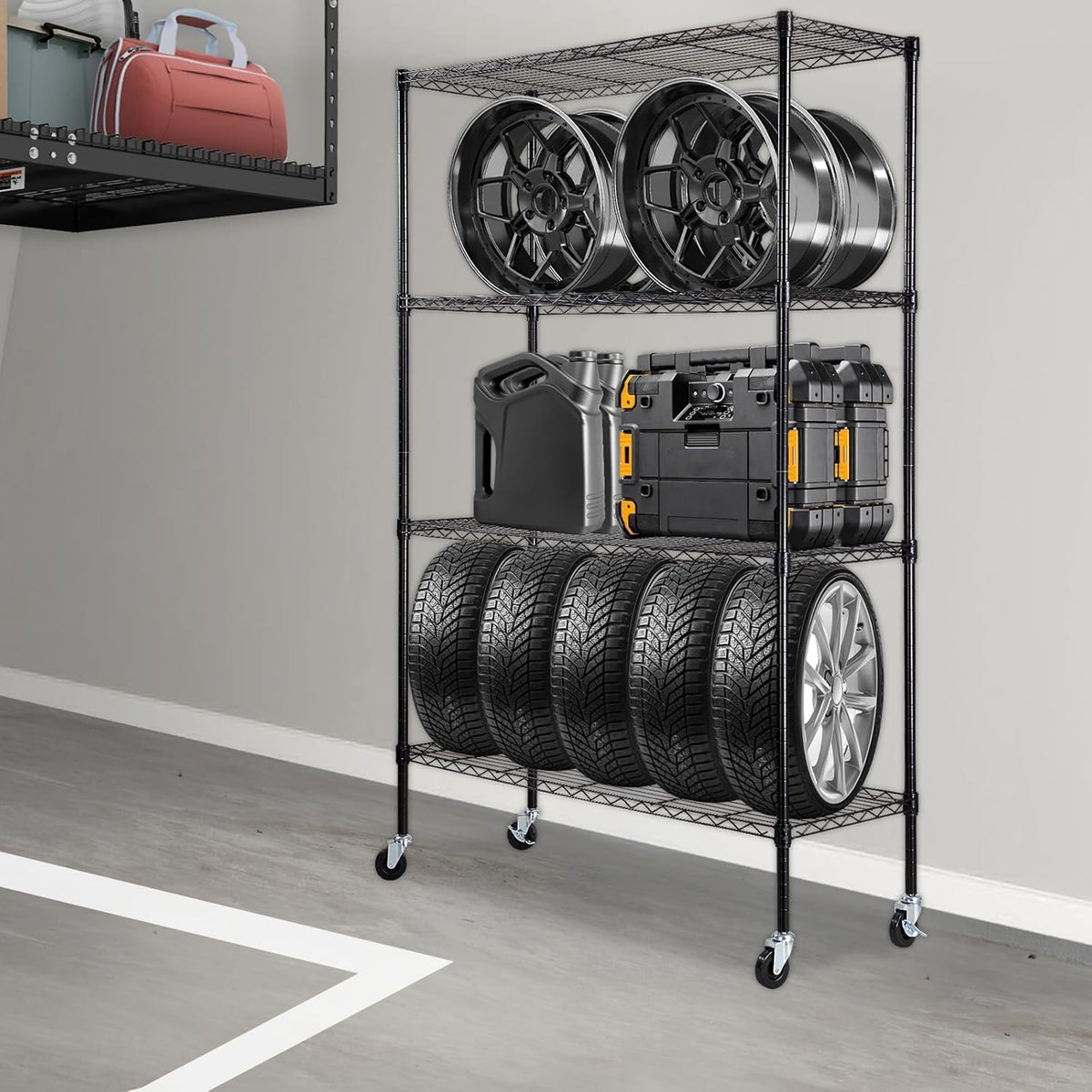 VEVOR Opbergrek met wielen, 4-laags verstelbaar, 700 lbs capaciteit, zware garageplanken metalen organizer draadrek, zwart, 47 x 17,7 inch B x 74 inch H voor keuken voorraadkast kelder badkamer