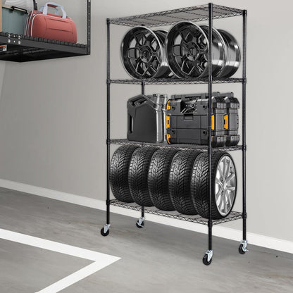 VEVOR Opbergrek met wielen, 4-laags verstelbaar, 700 lbs capaciteit, zware garageplanken metalen organizer draadrek, zwart, 47 x 17,7 inch B x 74 inch H voor keuken voorraadkast kelder badkamer