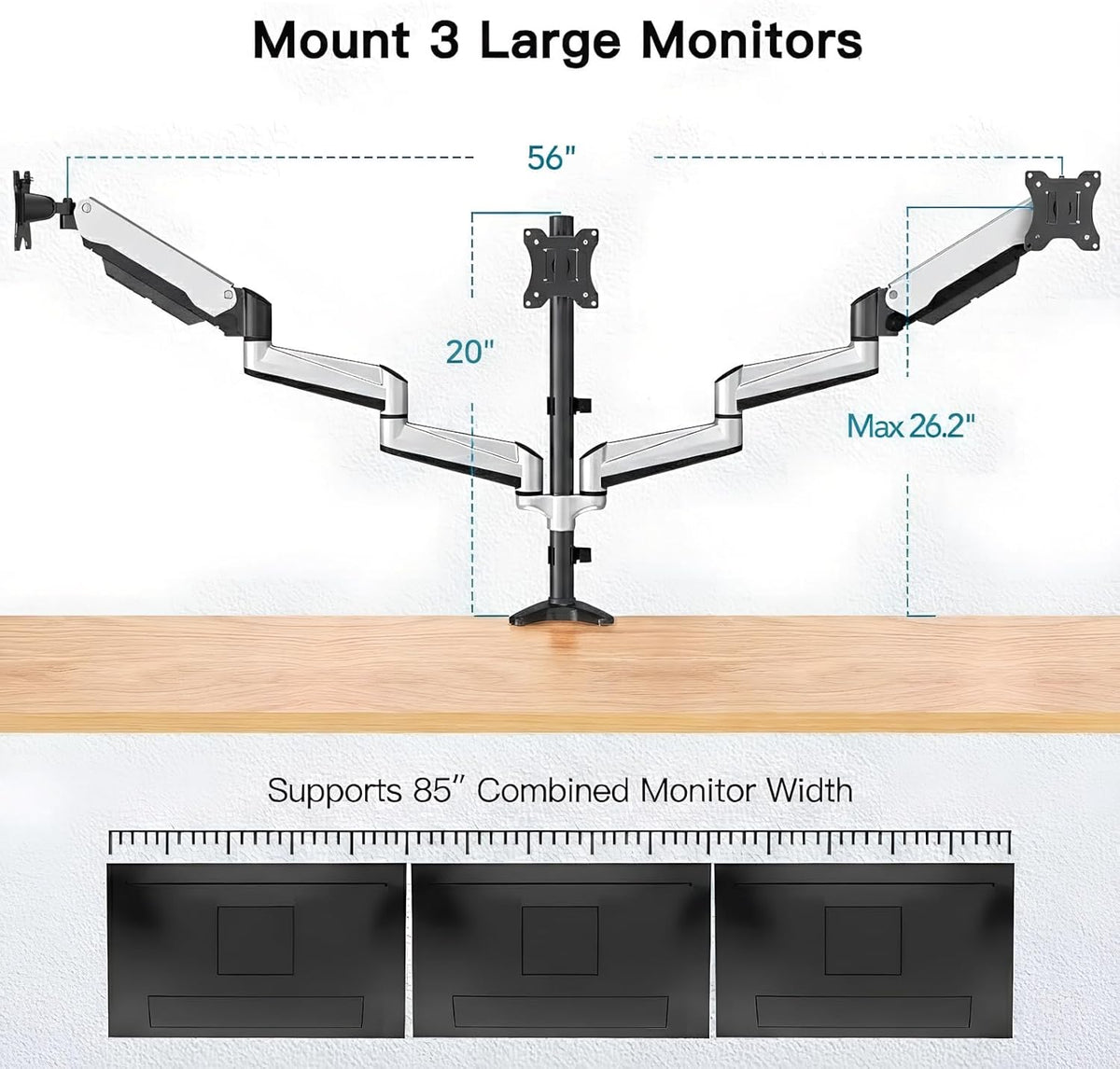 HUANUO Drievoudige Monitor Standaard voor 13-32 Inch Gebogen Flatscreens, In Hoogte Verstelbare Monitorarm met Kolom, Full Motion Gasveer Monitorsteun, Gewichtscapaciteit 8kg Per Arm